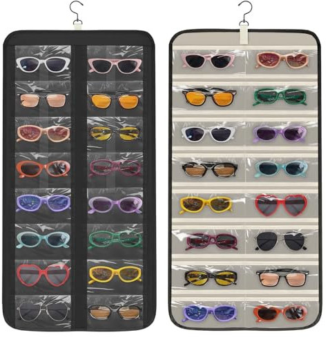 EEEKit Dual-sided Hanging Sunglasses Organizer, 32 Pockets Jewelry Organiser Hanger, Dustproof Wall Mounted Jewellery Eyewear Storage Holder with Hook