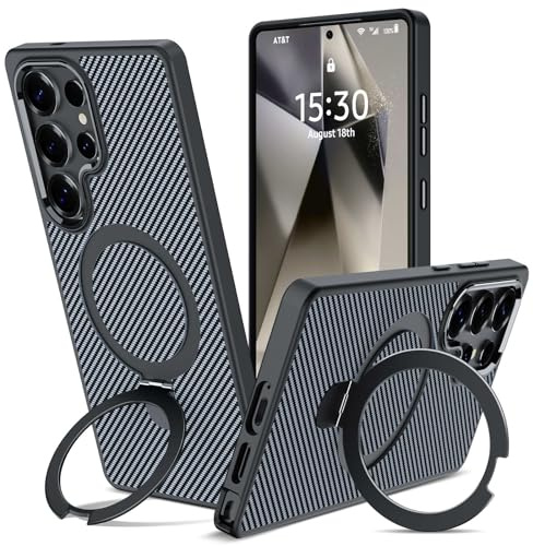 Magnetisch Ständer Hülle für Samsung Galaxy S24 Ultra Kompatibel mit MagSafe, Handyhülle Carbon Fiber Muster mit Ring Halterung Schutzhülle Stoßfest Kratzfest Case, Schwarz