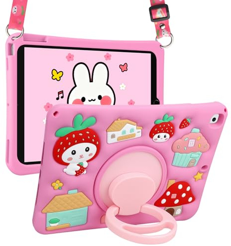 Vofolen for iPad 9th Generation Case for iPad 8th/7th Generation Case Kid Girls 10.2 Inch 2021/2020/2019 Cute 3D Rabbit Soft Silicone Shockproof Protective Cover with Rotating Stand & Shoulder Strap