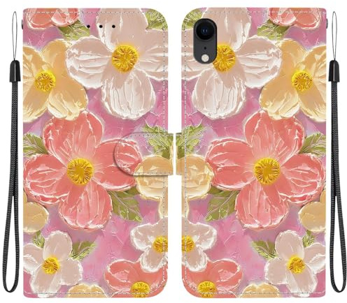 Draamvol for iPhone XR Case, Wallet Shockproof Flip PU Leather Shell with Card Holder Kickstand Magnetic Closure Soft TPU Bumper Protective Phone Cover for iPhone XR, Pink Flower