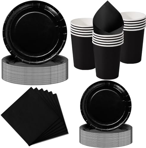 Nkaiso 50 Pcs Noire Assiette Jetable Anniversaire -10 invités | 10 Assiettes 23cm, 10 Assiettes 18cm, 10 Gobelets, 20 Serviettes pour Decoration Party, Baby Shower, Nationale