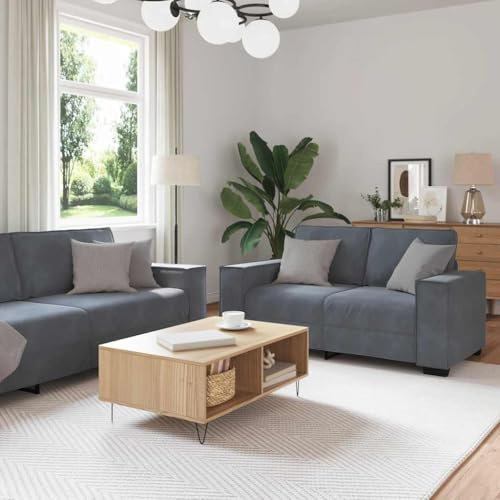 GeenYuu 3-TLG. Sofagarnitur, Dunkelgrau Samt, Metall & Holz, Komfortable Sitzgruppe für Wohnzimmer, Büro, Gästezimmer, Lounge-Möbel