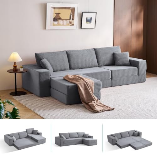LINSY HOME Schlafsofa Cord, Bodensofa Bed mit Pillow Back Support Armrest | Boneless Couch , Couch mit schlaffunktion, Schlafsofa Klappbar für Wohnzimmer Schlafzimmer,Grau