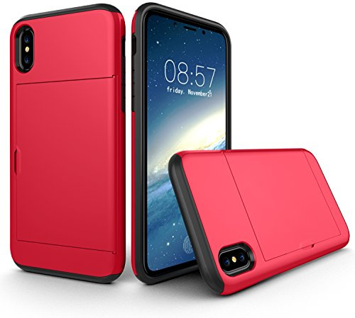XYZNTMF for iPhone XS Case iPhone X Shockproof Phone Case with Card Holder Soft Silicone TPU Bumper Matte Hard PC Shell Heavy Duty Protective Skin Cover Rubber Case, Red
