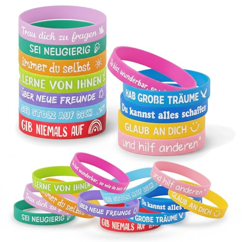 24 Motivationsarmbänder Kinder, Inspirierende Silikon Armbänder, 12 Farben | Motivationsarmbänder für Kinder mit deutschen Sprüchen, 18 cm. Für Kita-Abschied, Einschulung & Kindergeburtstag