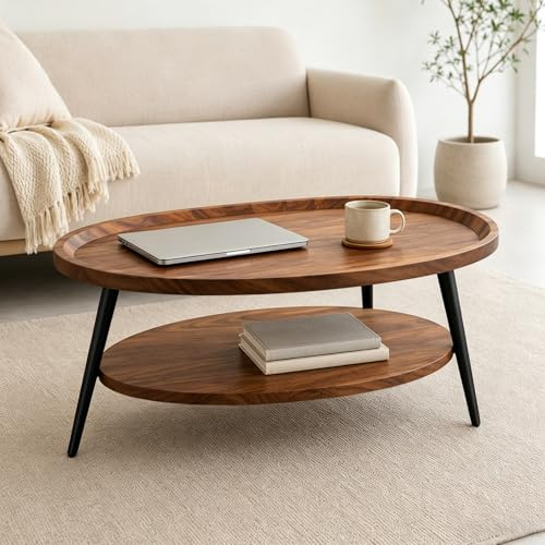 GFEMTH Couchtisch Oval mit 2 Ebenen, Wohnzimmertisch Holz, Couchtisch Klein mit Schwarze Beine, für Wohnzimmer, Schlafzimmer, Modern Design (Braune Walnuss)
