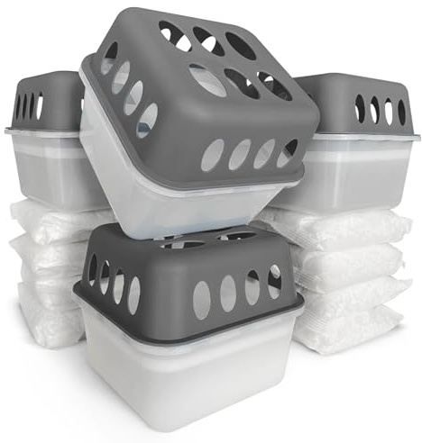 Floordirekt 4 x Luftentfeuchter mit 8 x 400g Nachfüll-Beutel Granulat Raumentfeuchter Nachfüllbar & Wiederverwendbar Grau HAVA Stromlos
