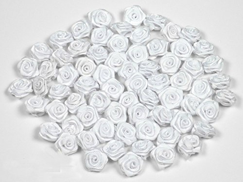 Rosen 15 mm x 100 Stück Satinrosen Aufnäher Deko Blumen Röschen zum Basteln Haarschmuck kleine Rosenköpfe Farbe: weiß 029
