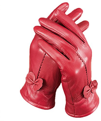 Butterme Luxury Ladies weichen Schaffell Lederhandschuhe mit Bowknot-Stich-Entwurf Fleece Futter PU Leder Fäustlinge Rot