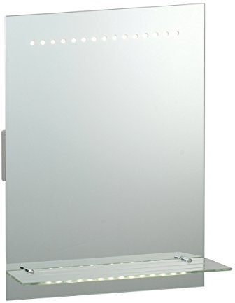 Omega Modern LED Illuminating Rectangular Design Bathroom Mirror with Demister, Shaver Socket, Motion Sensor and Glass Cosmetics Shelf - IP44 Rated