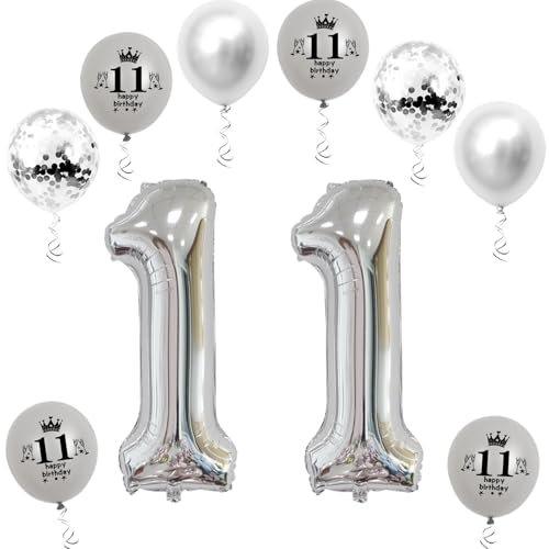 Haosell XL Folienballon 11, Zahl 11 Silber, 32 Geburtstagsdeko Ballon, 11 Stück, Unisex-Kinder