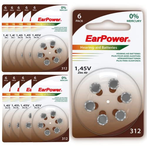 60 EarPower 312 Hearing Aid Batteries (Set of 10 x 6 Batteries) | 312 Battery for Hearing Aid Devices, Mercury Free | PR41 - Zinc Air - Voltage 1.45V | Size 312, A312, P312 | Colour Code : Brown