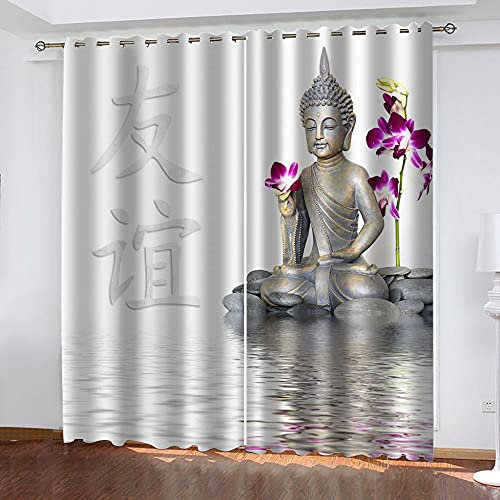 GDYRBY Vorhänge Schlafzimmer Blickdicht Gardinen 3D Hd Druck Buddha-Statue Muster Verdunkelungsvorhang Ösenschal 2 Stücke 280X260cm(HxB) Wohnzimmer Thermovorhang Fensterdekoration