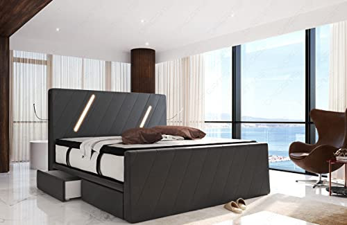 Sofa Dreams Boxspringbett Toulon Lederbett Gestell in Leder mit Hotelmatratze Stauraum LED Licht 140x200 160x200 180x200 200x200 200x220 (140 x 200 cm, Grau)