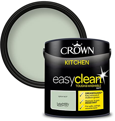 Crown EASYCLEAN Mid Green Kitchen Paint - Matt Wall Paint 2.5L | Washable Spice Rack matt emulsion for kitchen walls, ceilings, wood & metal. Grease & steam resistant, durable, Low VOC