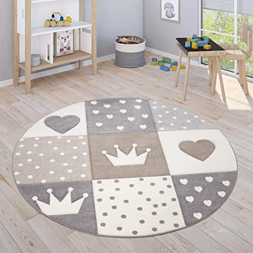 Paco Home Teppich Kinderzimmer Junge Mädchen Kinderteppich Spielteppich Kurzflor 3D Optik Pastell Punkte Herzen Krone, Grösse:200 cm Rund