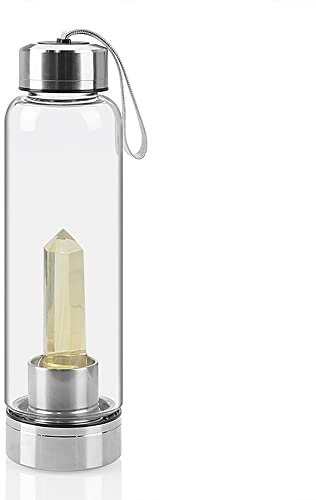 SAHKGYE Natural Crystal Water Bottle Citrine Crystal Elixir Infused Gem Water Bottle Gemstone Drink Healing Wand Point Crystal Obelisk Reusable Gem Water Bottle 550Ml