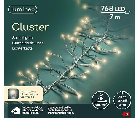 Lumineo Lichterkette Cluster - 768 LED's - 7 Meter - warm weiß - transparentes Kabel - Indoor & Oudoor geeignet - Timer - dimmbar