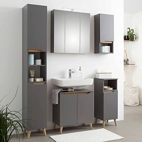Lomadox Badezimmer Komplett Set mit Füßen in Holzoptik in Quarzgrau Matt Touch mit Riviera Eiche Nb., B/H/T ca. 140/190/33 cm