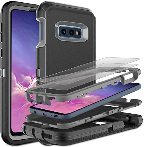 HONG-AMY Galaxy S10E Case: 3-in-1 Shockproof Heavy Duty Protection, 2 Nano Explosion-Proof Films, Black/Grey