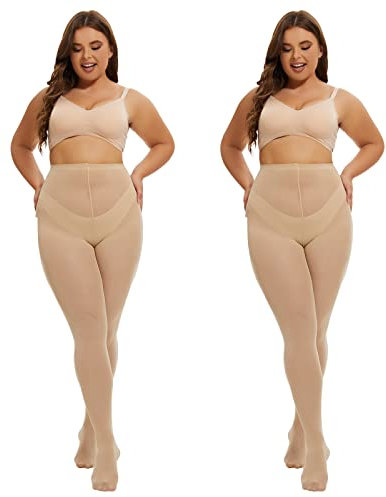 MANZI 2 Pairs 70 Denier Women's Plus Size Tights Stretch Opaque Control Top Tights Nude XXL