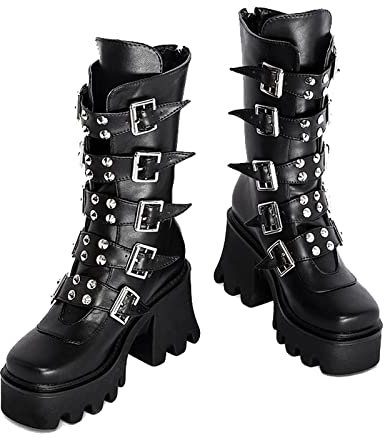 JIFAENY Damen Winter Schwarz Gothic Punk Plattform Stiefel Damen Goth Schnalle Zipper Creeper Keile Mid-Calf Schuhe-11,Schwarz