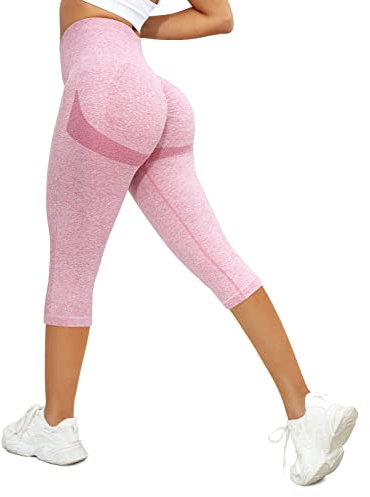 PASUDA Legging de Sport Femme Taille Haute 3/4 Leggings Anti-Cellulite Push Up Pantalon de Yoga Opaque Fitness Course Collants Compression Gym Pantacourt (Rose, S)