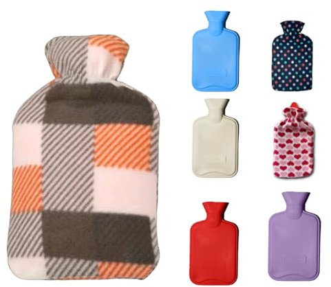 Meown 2L Hot Water Bottle with Fleece Cover, Leakproof Hot Water Bag, Natural Rubber Bottle for Period Cramps, Neck & Back Pain, Reusable Cold & Heat Therapy, Winter Bed Warmer(Light Pink with Checks)