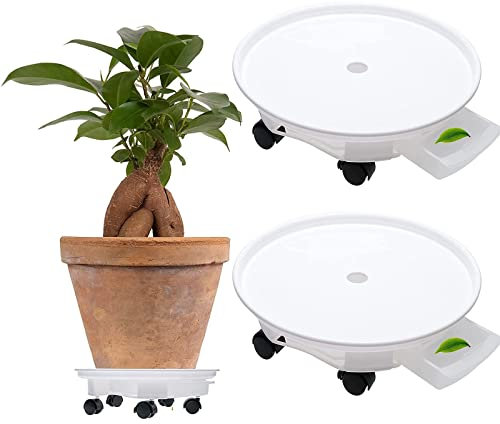 Finderomend Lot de 2 bacs à plantes extra larges de 45 cm, support de plantes avec 5 roues, pot de fleurs rond avec soucoupe avec réservoir d'eau, grand plateau à rouler (blanc)