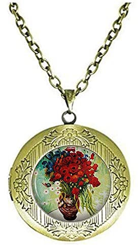 Handgefertigtes Medaillon mit Mohnblumen-Motiv, rote Blume, Malerei, Kunst, Geschenke für Frauen, Kunstschmuck, Geschenke, 46, Legierter Stahl Glas Silber