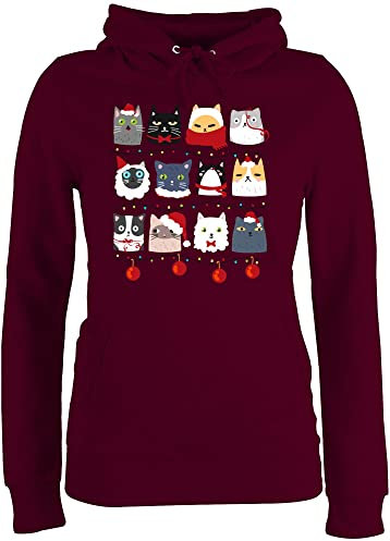 Pullover Damen Hoodie Frauen - Geschenke Christmas Bekleidung - Weihnachtsmotiv Katzen zu Weihnachten I - XXL - Burgundrot - katzenpullover weihnachtspullis cat katzenmotiv Hoody