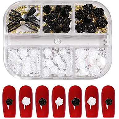 3D Flower Nail Art Charms,Acrylic Nails Flower Rose Pearls Bow Silver Gold Beads Studs Nail Rhinestone Decorations for Women Girls Manicure DIY Supplies