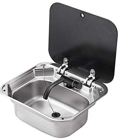 Edelstahl-Waschbecken, Einbauwaschbecken für Wohnmobile mit Deckel aus gehärtetem Glas, Handwaschbecken für die Küche mit gefaltetem Wasserhahn, Waschbecken für Wohnmobil, Anhänger, Wohnwage