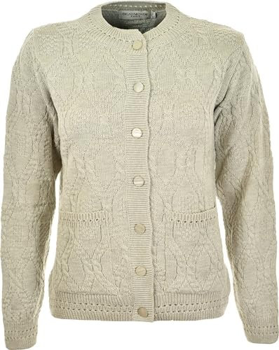 WearAll Women's Ladies Long Sleeve Button Top Aran Knitted Cardigan Button Clouse Crew Neck UK (14/16, Oatmeal) Stone