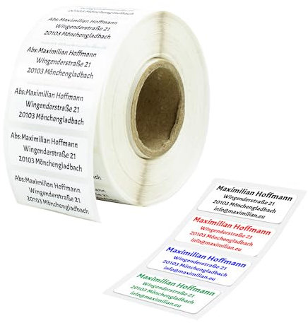 GoodMarkt selbstklebende personalisierte Adressetiketten | 48x18 mm, ab 50 Labels/Rolle, weißer Kunststoff | wasserfestes und reißfestes Adressaufkleber | Namensaufkleber für Briefe, Schulsachen