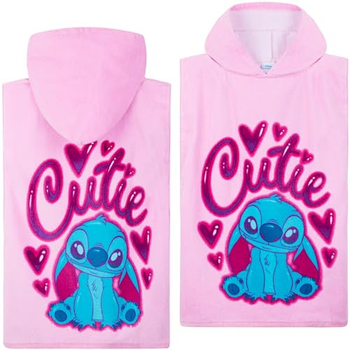 Disney Stitch Badetuch Poncho Badeponcho Kinder Strandtuch Mädchen mit Kapuze Weiches Schnelltrocknendes Handtuch für Strand Schwimmen (Rosa Stitch, 10-13 Jahren)
