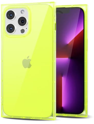 Svanove for iPhone 13 Pro Clear Case Square Rectangle Edge, Transparent Aesthetic Trendy Girly Neon Bright Silicone Rubber Phone Case for Women, Thin Slim TPU Bumper Protective Cover, Neon Green