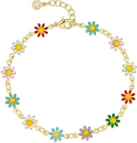 Jenosy 14K Vergoldet Armband Damen Gold Buntes Gänseblümchen Personalisiertes Verstellbar Anhänger Armband für Frauen Mädchen Schmuck