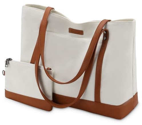 VASCHY Laptop Handtasche Damen, Groß Wasserdicht 15.6 Zoll Laptop Tasche Arbeitstasche Elegante Shopper Tote Bag für Business Büro Schule Einkauf Arbeit Reisen mit Gepäckband Weiß und Braun