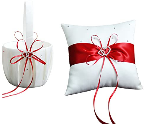 Juego de Almohadas para Anillos de Boda Y Cesta para Niña de las Flores, Almohada de Satén para Anillos de Boda Y Cesta de Flores con Diamantes de Imitación, Doble Corazón Y Lazo, Cesta de(Rojo)