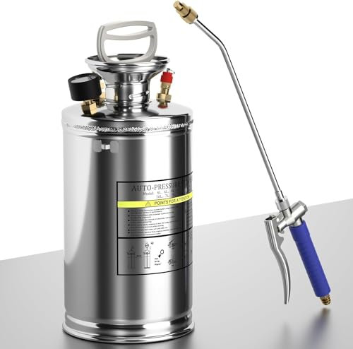1 Gallon Garden Sprayer, 304 Stainless Steel Chemical Sprayer, Hand Pump Sprayer, with Pressure Gauge, Adjustable Nozzle, 13 Sprayer Wand, 3.3ft Hose & Safety Valve