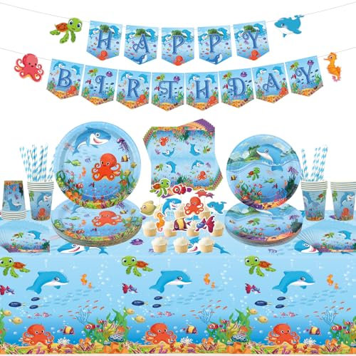 Under the Sea Birthday Party Decoration, Under the Sea Party Accessories, Plates Cups Napkins Tablecloth Happy Birthday Banner Cake Toppers for Underwater World Birthday Decorations