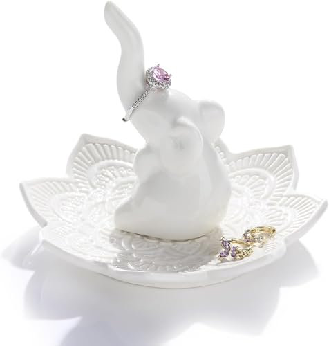 Titanape White Elephant Ring Holder with Mandala Trinket Dish, Boho Decor, Jewelry Holder for Rings, Earrings, Bracelets, Elephant Gifts for Adults, Birthday, Christmas Gifts for Women