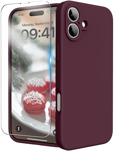 INGIDO für iPhone 16 Silikon Hülle mit Schutzfolie - Pflaume | 6.1 Zoll Flüssigsilikon Hülle mit Upgraded Kameraschutz Handyhülle Kratzfest stoßfeste Schutz Case mit Soft Mikrofaserfutter