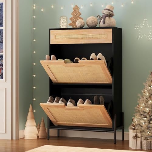 Litake Zapatero de ratán con 2 puertas abatibles con 1 cajón, zapatero con 4 estantes ajustables, zapatero estrecho para entrada, armario, pasillo, 61 x 24 x 102 cm