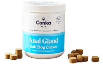 Conka Anal Gland Support Dog Chews: Digestive Health, Reduces Scooting & Discomfort, Natural Fibre, 100% Natural & Grain Free, (Peanut Butter Flavoured) 120 Chews