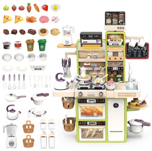 deAO Kinderküche Spielküche, Kunststoff Kinder-Küchenspielset mit Licht Ton Wasser Dampf und Küchenzubehör Herd Spüle Backofen Essen Küche Spielzeug Spielzeugküche für Kinder ab 3 Jahren | Grün