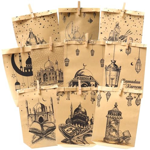 Ramadan Kalender zum Befüllen, 30 Stück DIY Mubarak Ramazan Tüten, Ramazan Dekor Geschenke, Ramadankalender Bedruckte Kraftpapiertüten Wiederverwendbar für Ramadan Geschenk