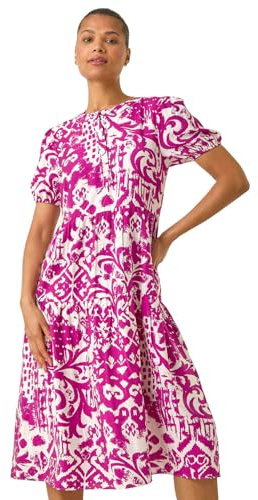Roman Originals Abstract Print Midi Shirt Dress for Women UK - Ladies Everyday Holiday Spring Summer Round Neckline Comfy Soft Evening Vacation Work Party - Magenta - Size 18