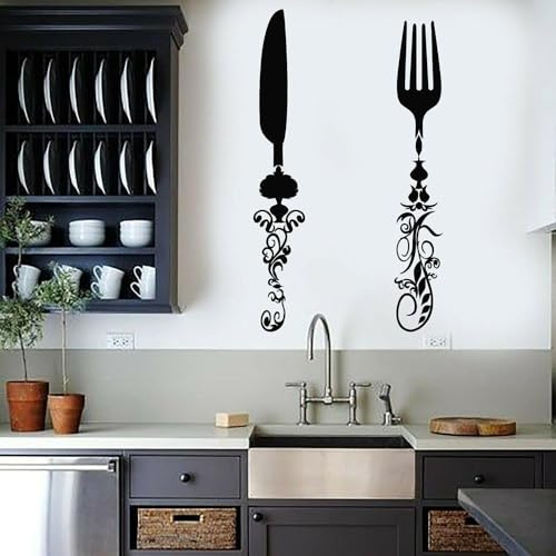 Autocollant mural en vinyle avec couteau, fourchette, couverts, décoration de cuisine, décoration murale pour la maison, la salle à manger, 96 x 57 cm